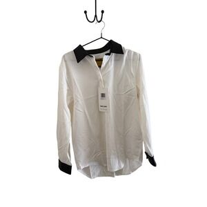 WILD FANG white button down vegan black leather collar and cuffs NWT size S